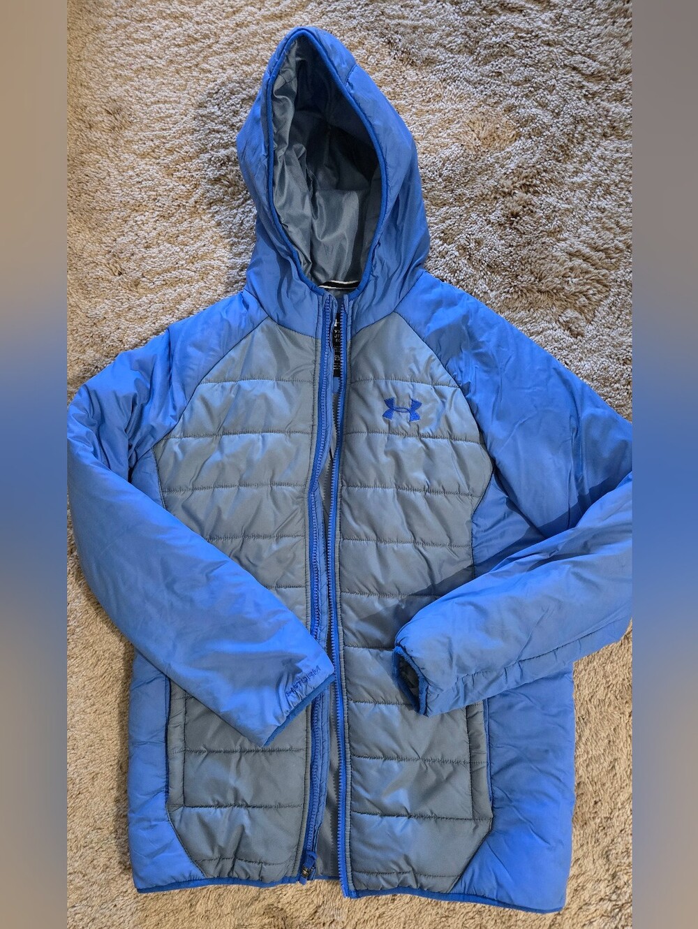 Under Armour Blue and Gray Hooded Puffer Jacket YXL